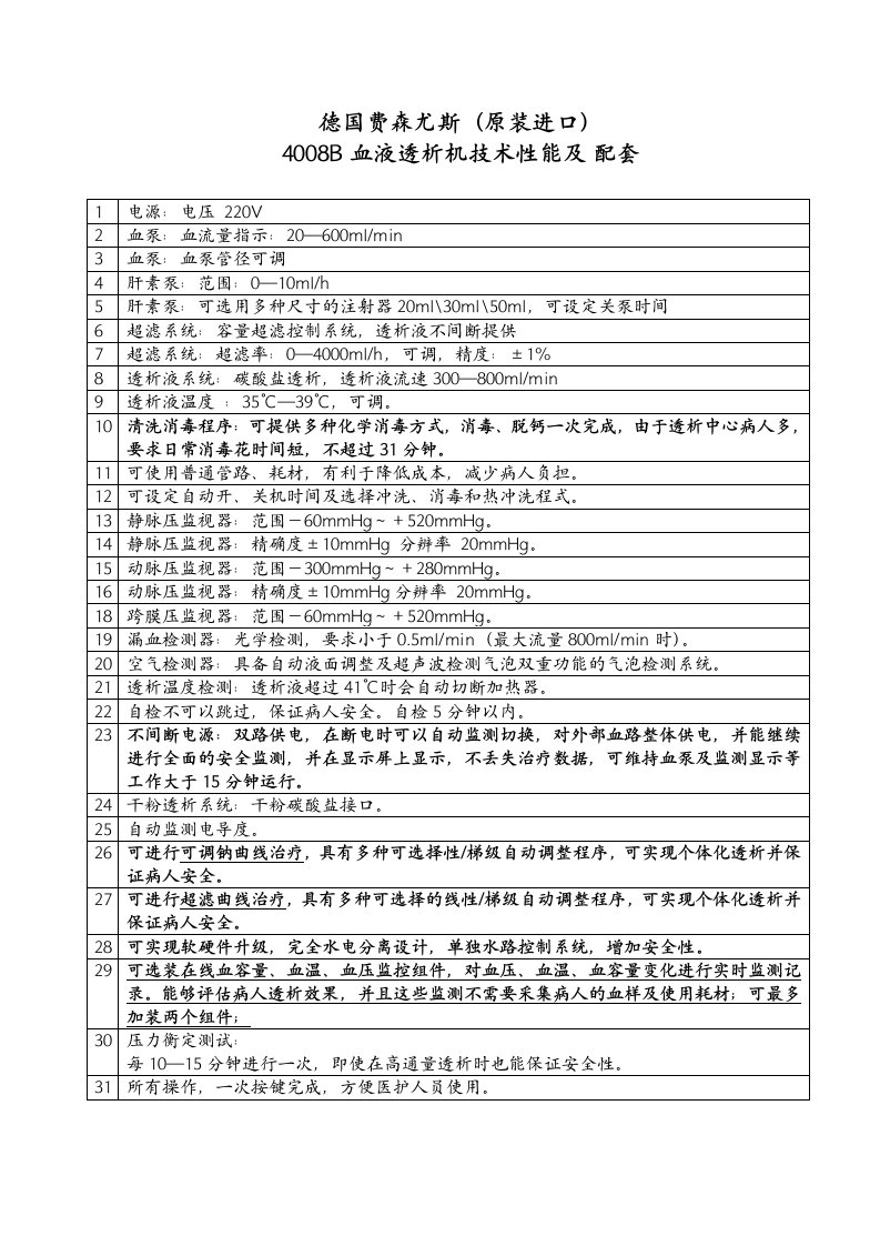 德国费森尤斯4008BS血液透析机技术性能及