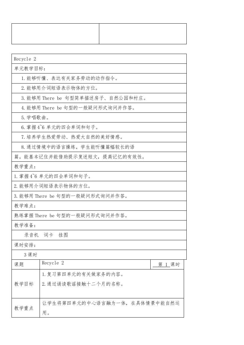 人教版五年级英语上册教案Recycle-2-单元教案-3