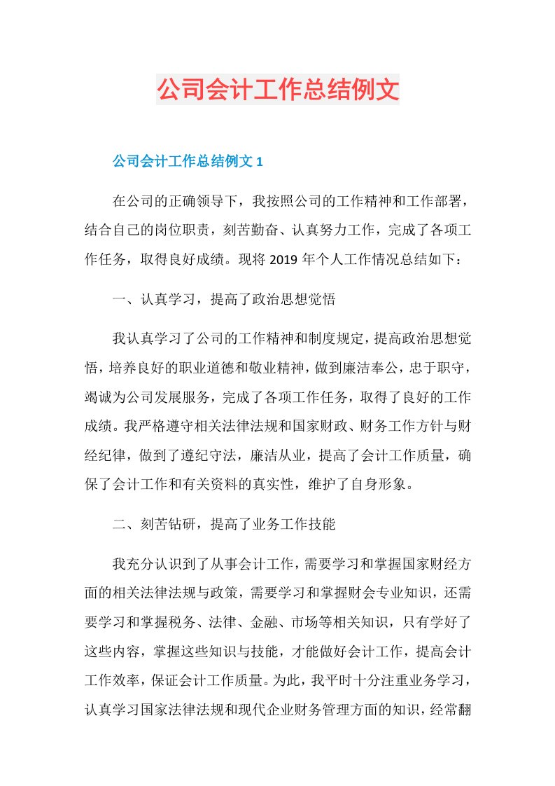 公司会计工作总结例文