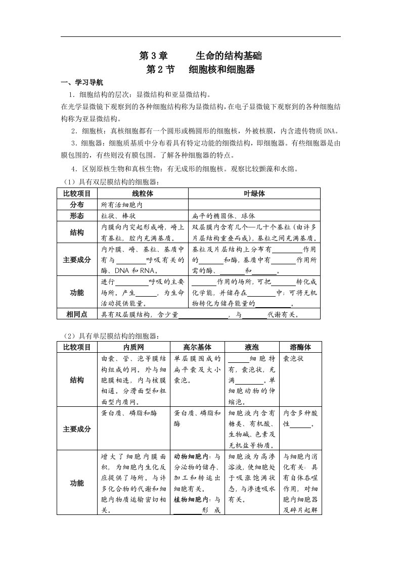 沪科版生命科学高一上3-2《细胞核和细胞器》导学案