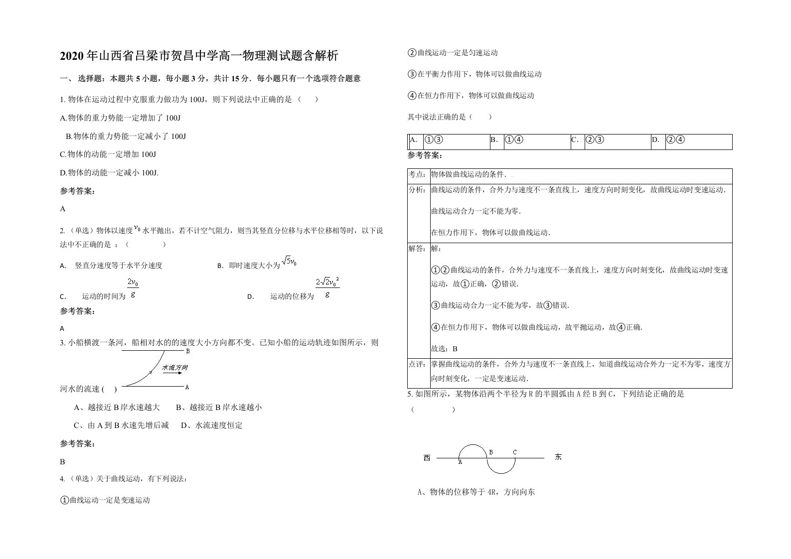 2020年山西省吕梁市贺昌中学高一物理测试题含解析