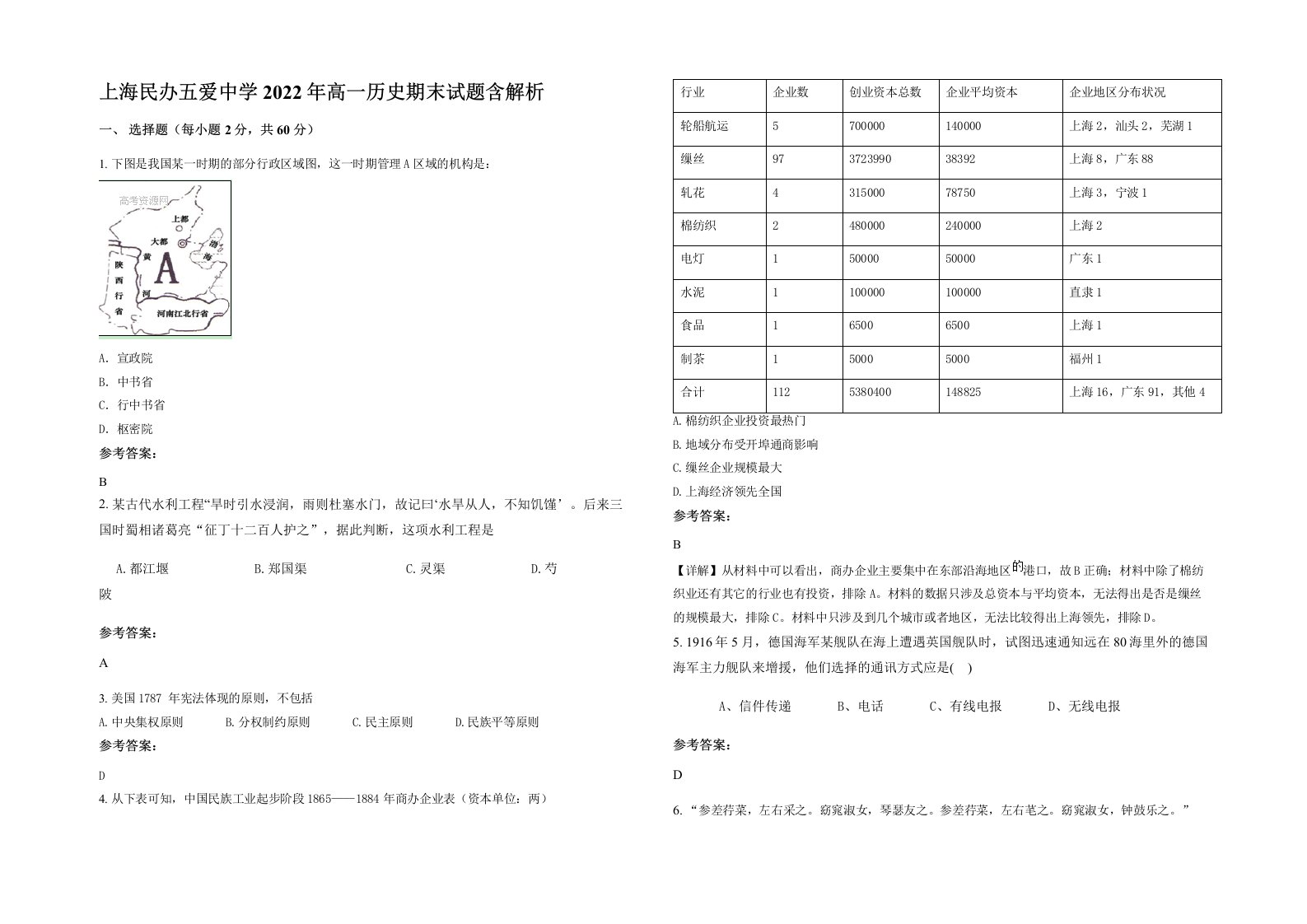 上海民办五爱中学2022年高一历史期末试题含解析