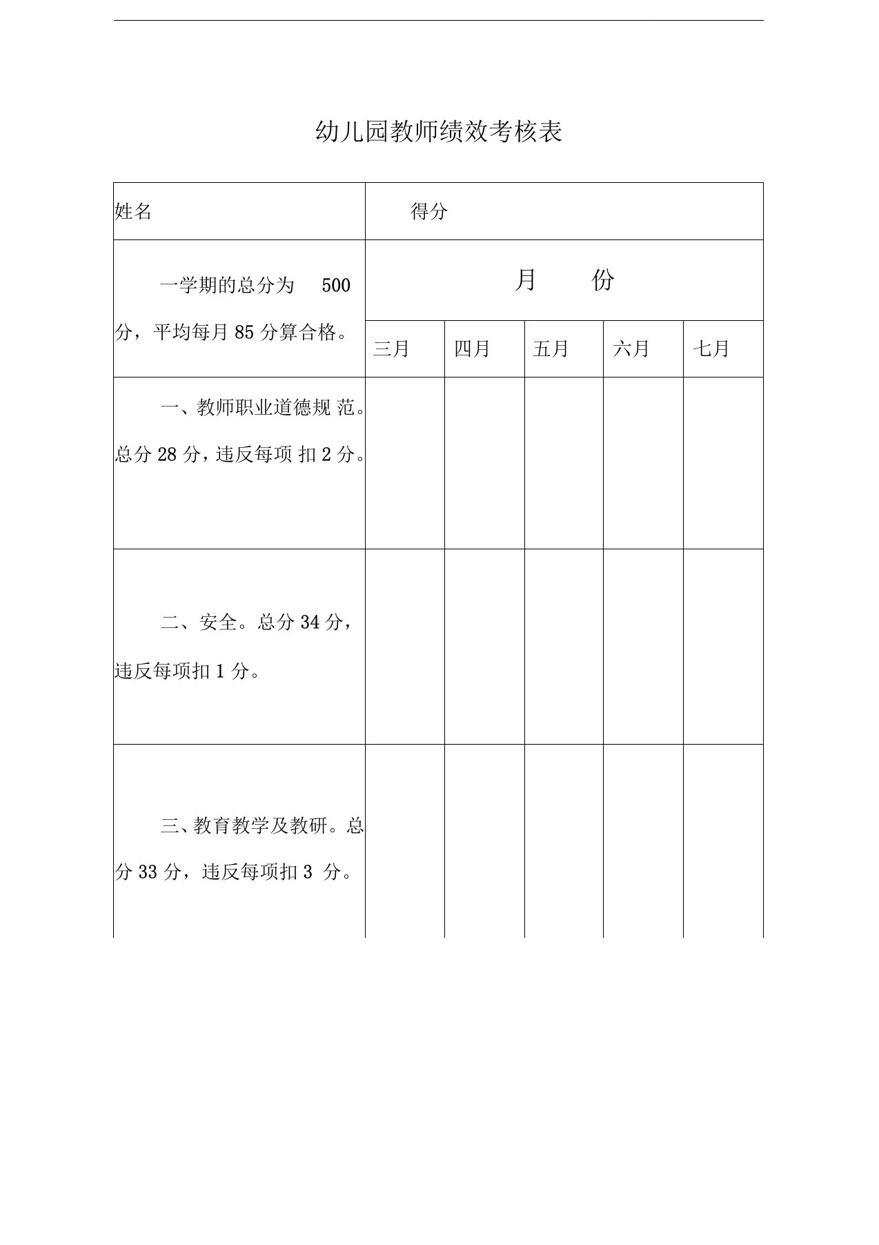 幼儿园教师绩效考核表