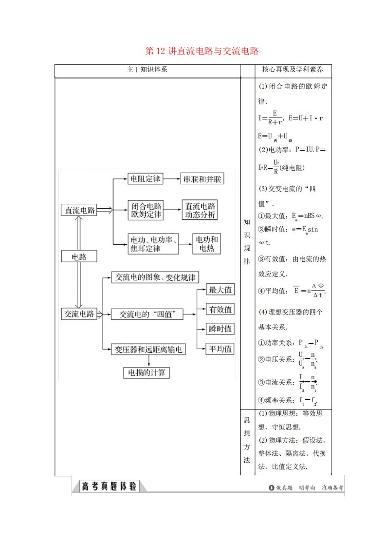 2019版高考物理二轮复习专题四电路与电磁感应第12讲直流电路与交流电路学案