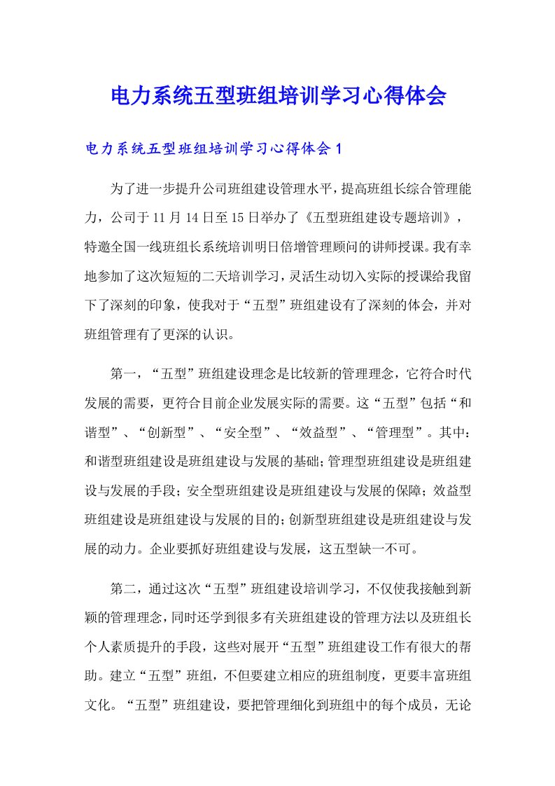 电力系统五型班组培训学习心得体会