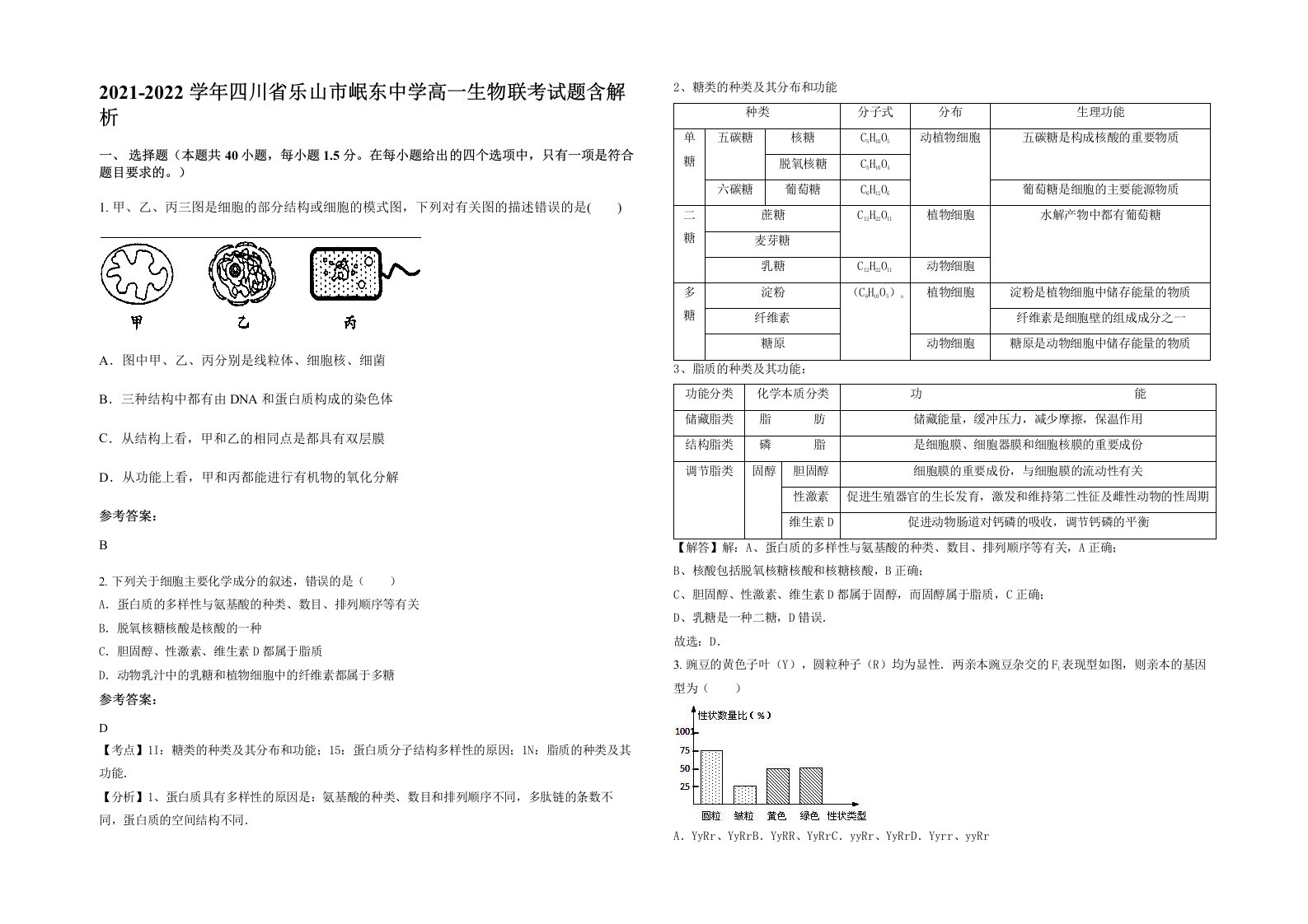 2021-2022学年四川省乐山市岷东中学高一生物联考试题含解析