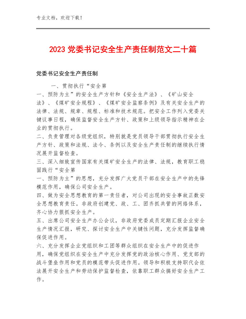 2023党委书记安全生产责任制范文二十篇