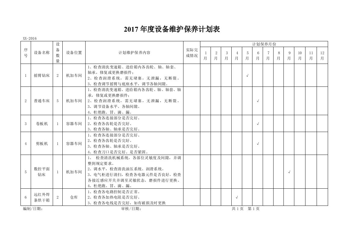 年度设备维护保养计划表