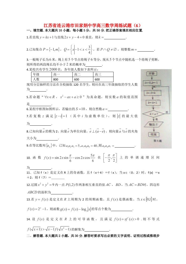 江苏省连云港市田家炳中学高三数学周练试题（6）