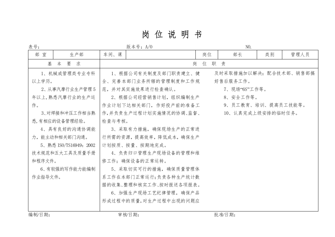 某大型摩配企业生产部部长岗位说明书