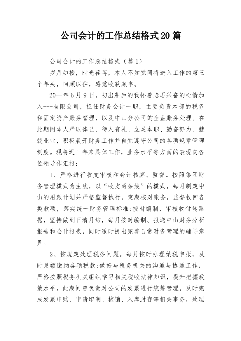 公司会计的工作总结格式20篇