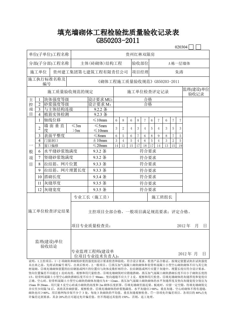 填充墙砌体工程检验批质量验收记录表GB