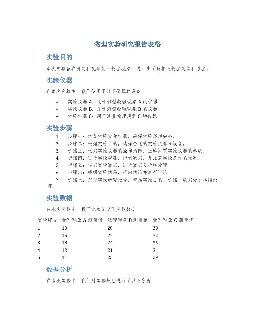 物理实验研究报告表格