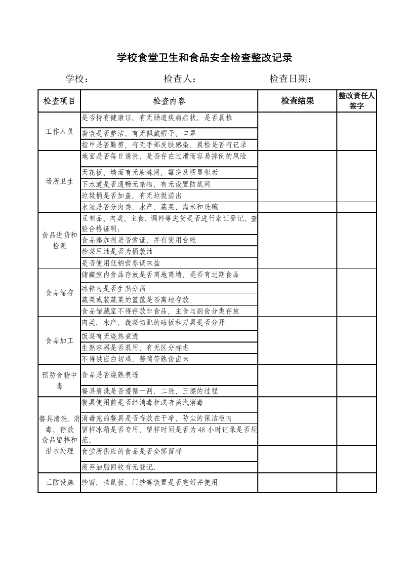 学校食堂卫生和食品安全检查记录