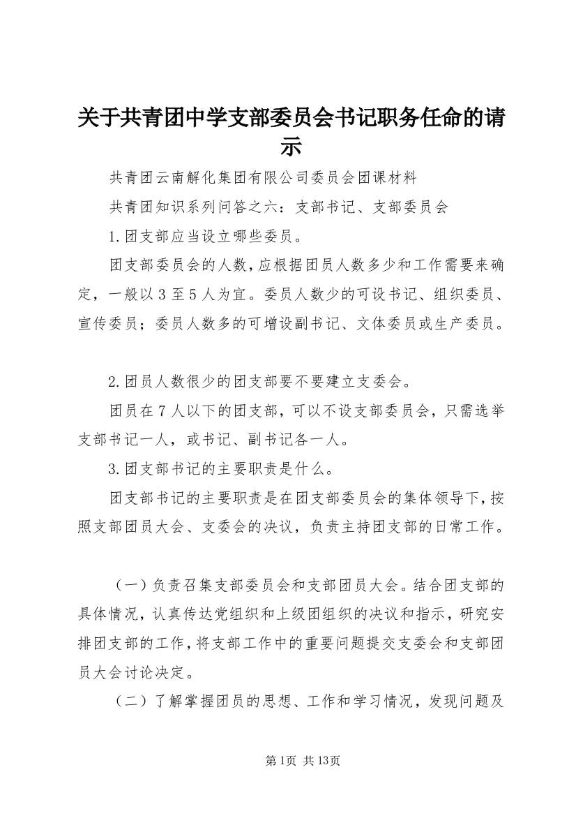 关于共青团中学支部委员会书记职务任命的请示