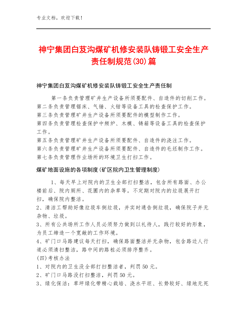 神宁集团白芨沟煤矿机修安装队铸锻工安全生产责任制规范(30)篇