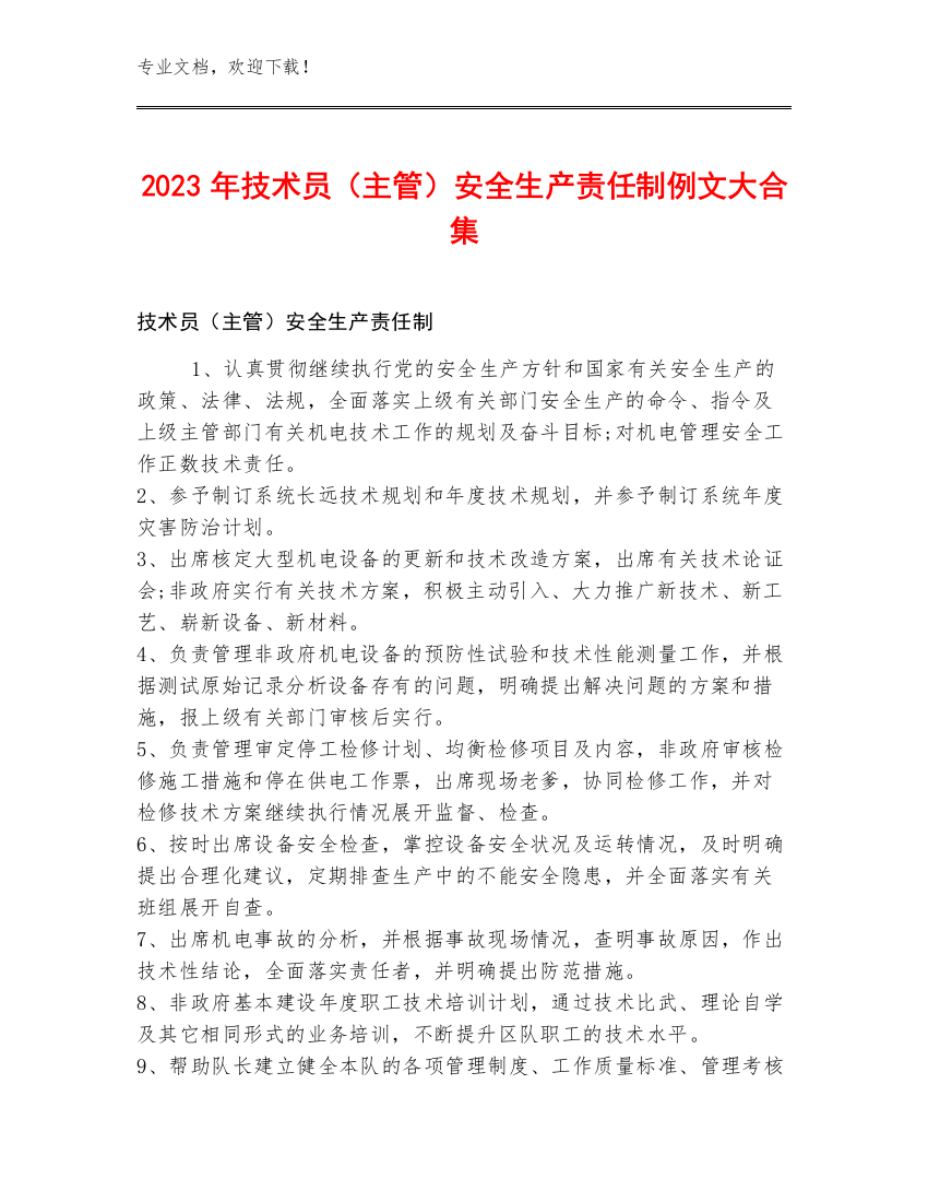 2023年技术员（主管）安全生产责任制例文大合集