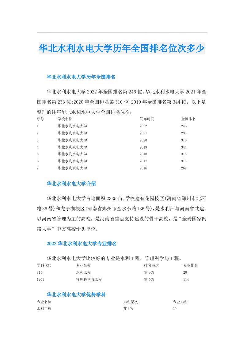 华北水利水电大学历年全国排名位次多少