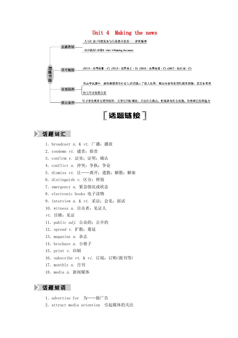 山东专用2021高考英语一轮复习必修5Unit4Makingthenews学案含解析