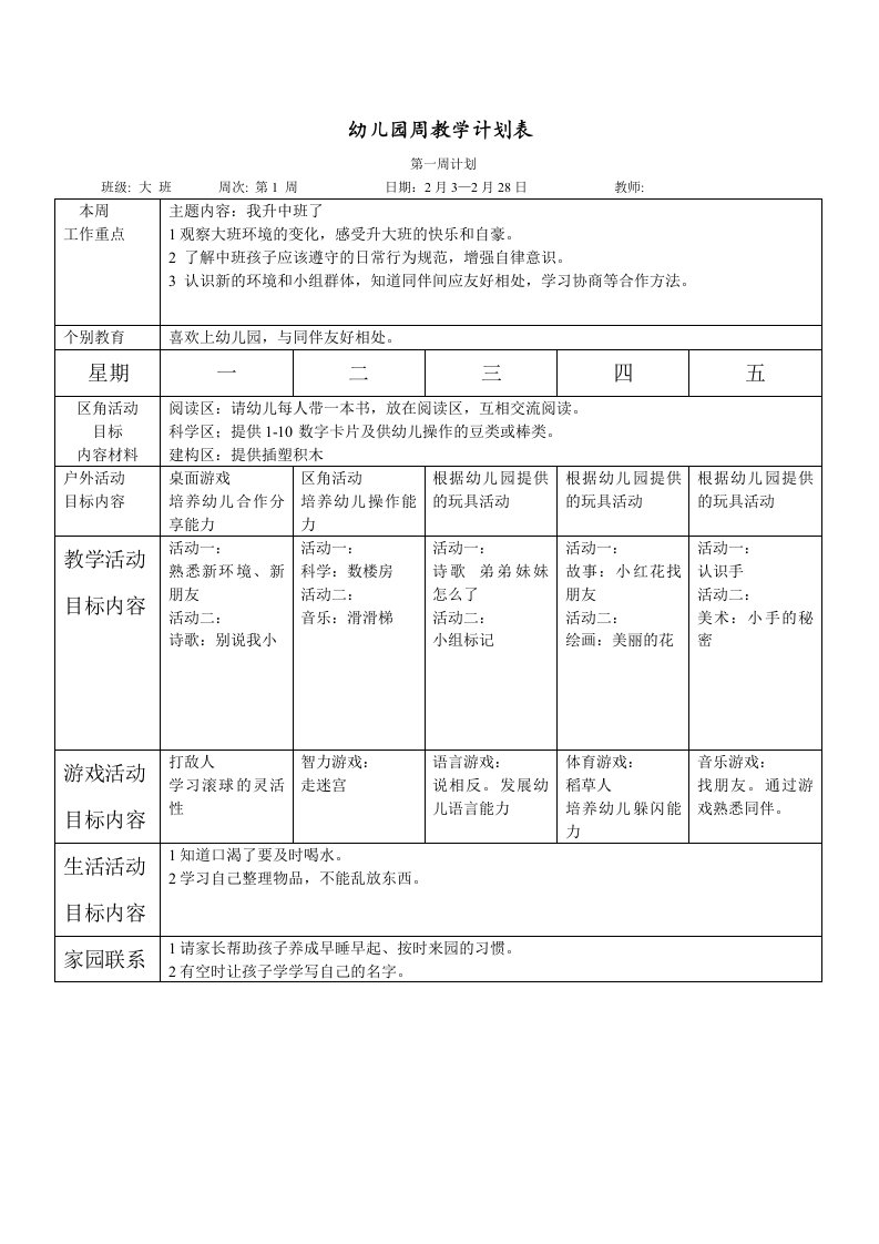 幼儿园大班第二学期园务周工作计划表