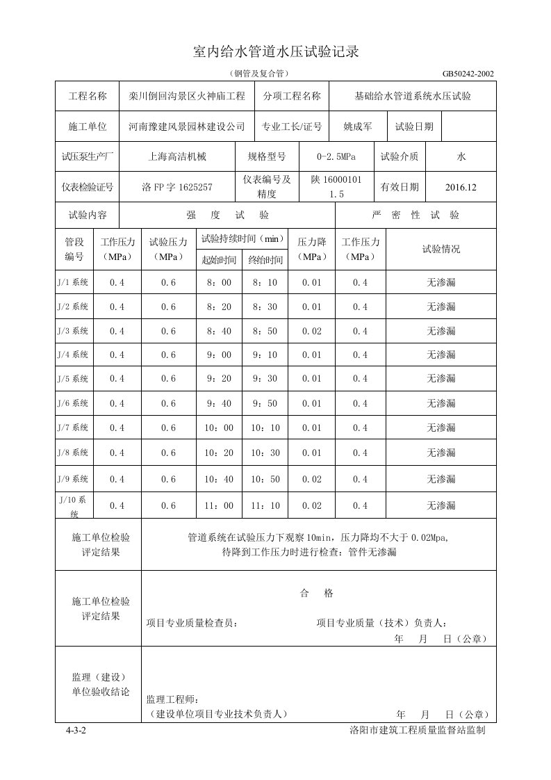 室内给水管道水压试验报告