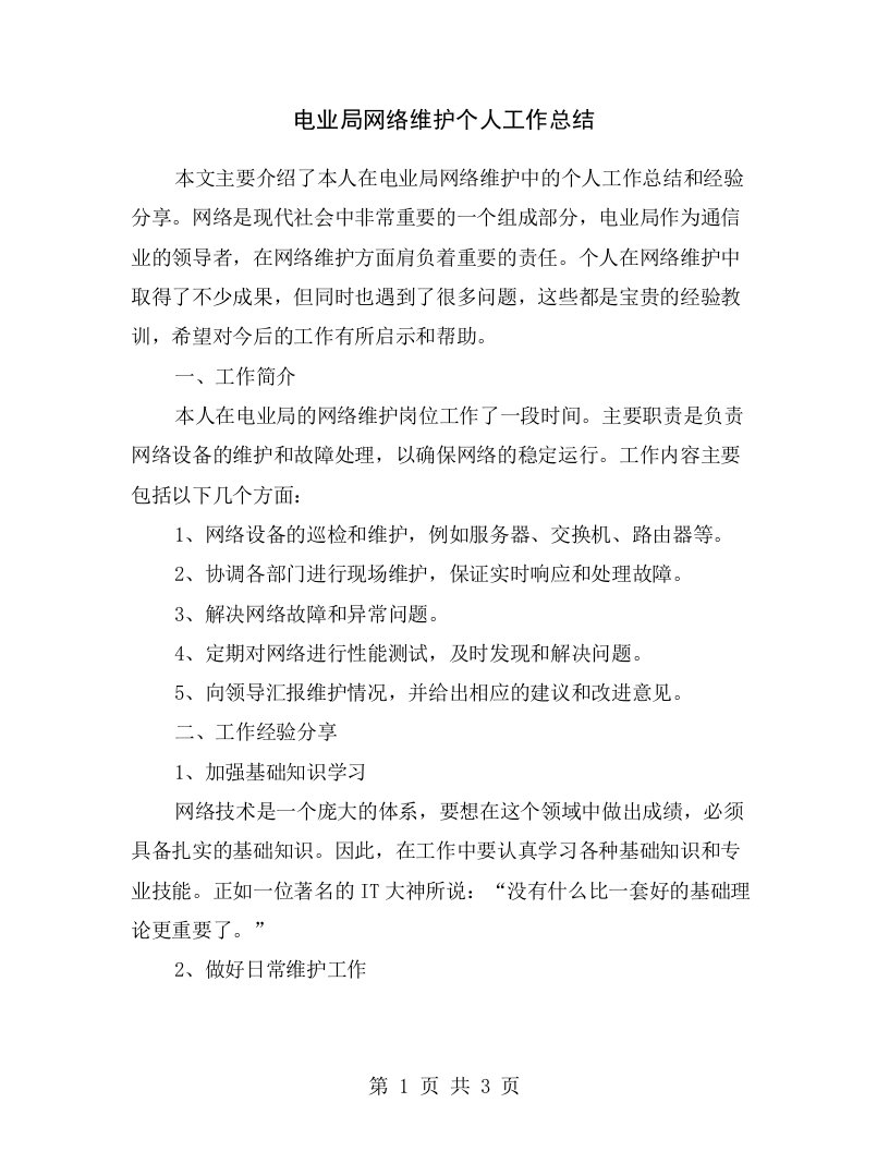 电业局网络维护个人工作总结