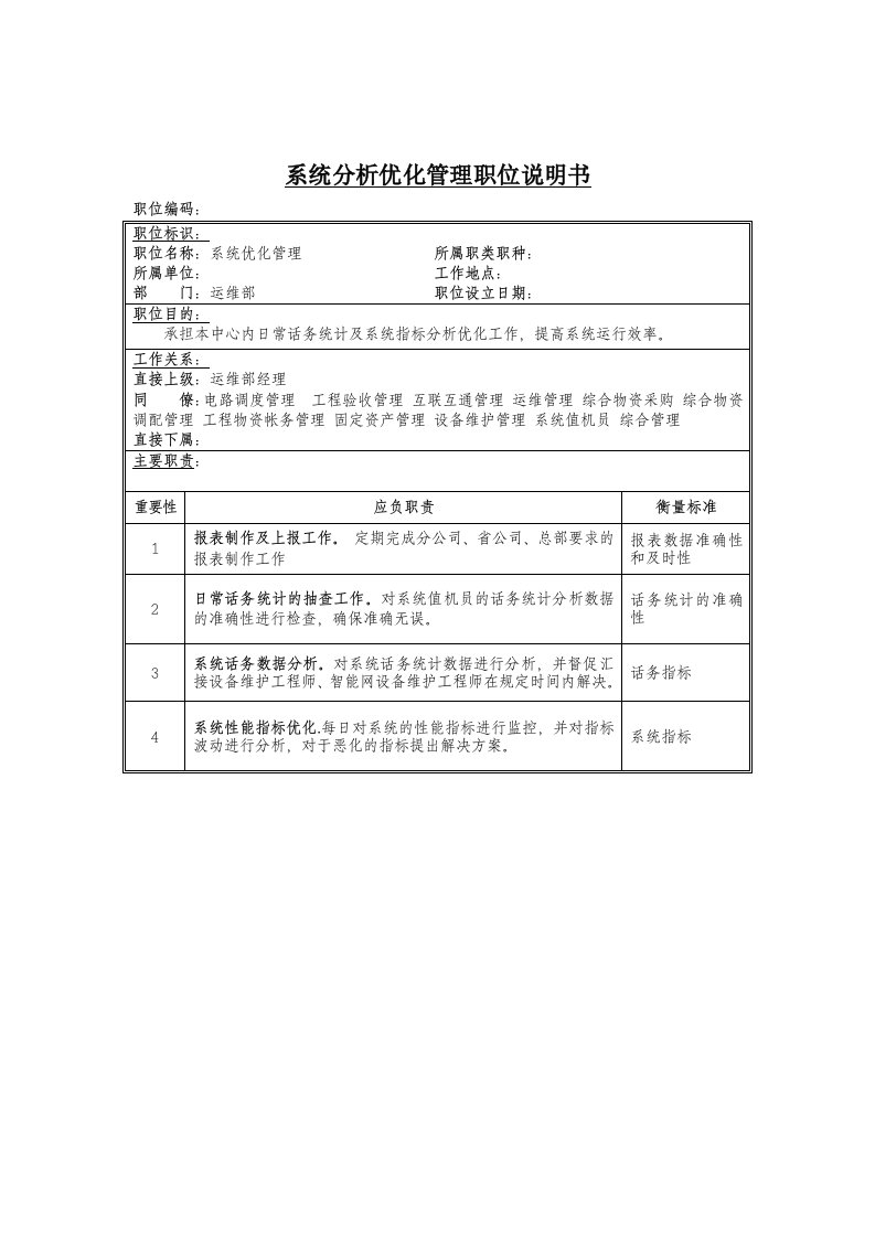 系统分析优化工程师岗位说明书