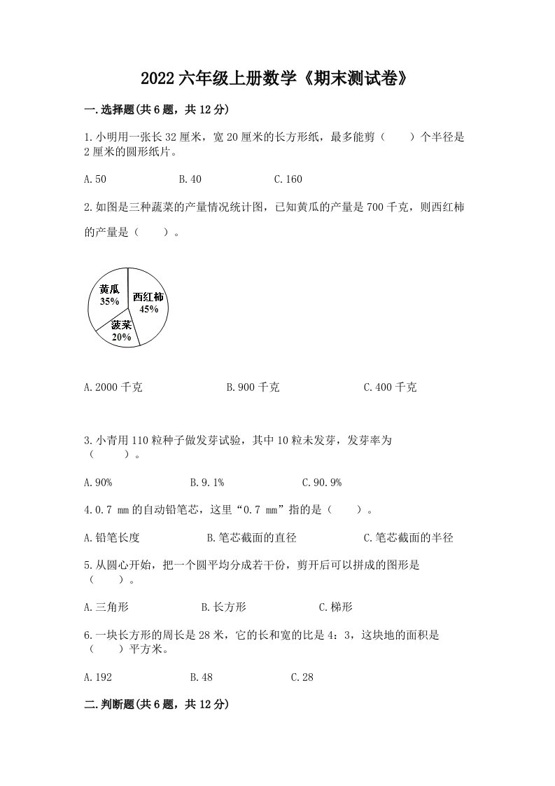 2022六年级上册数学《期末测试卷》精品【历年真题】