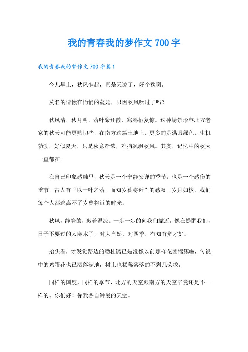 我的青春我的梦作文700字