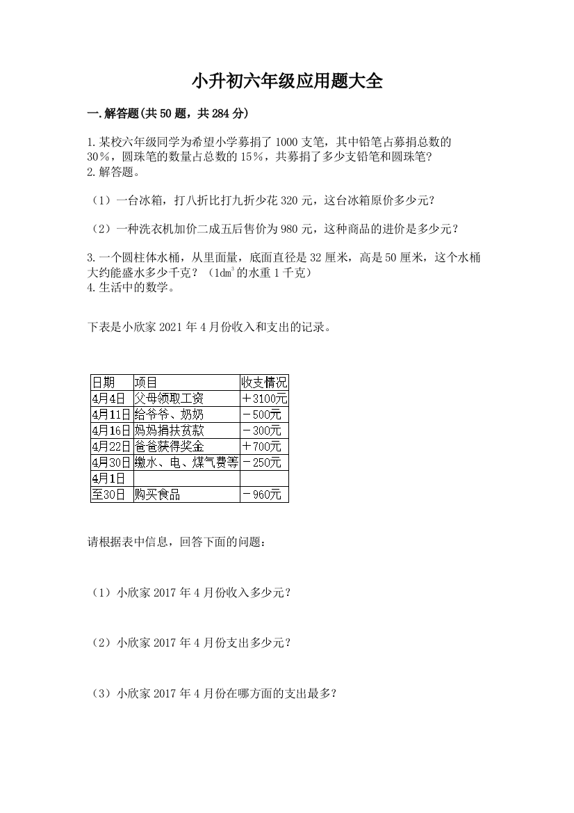 小升初六年级应用题大全（综合卷）