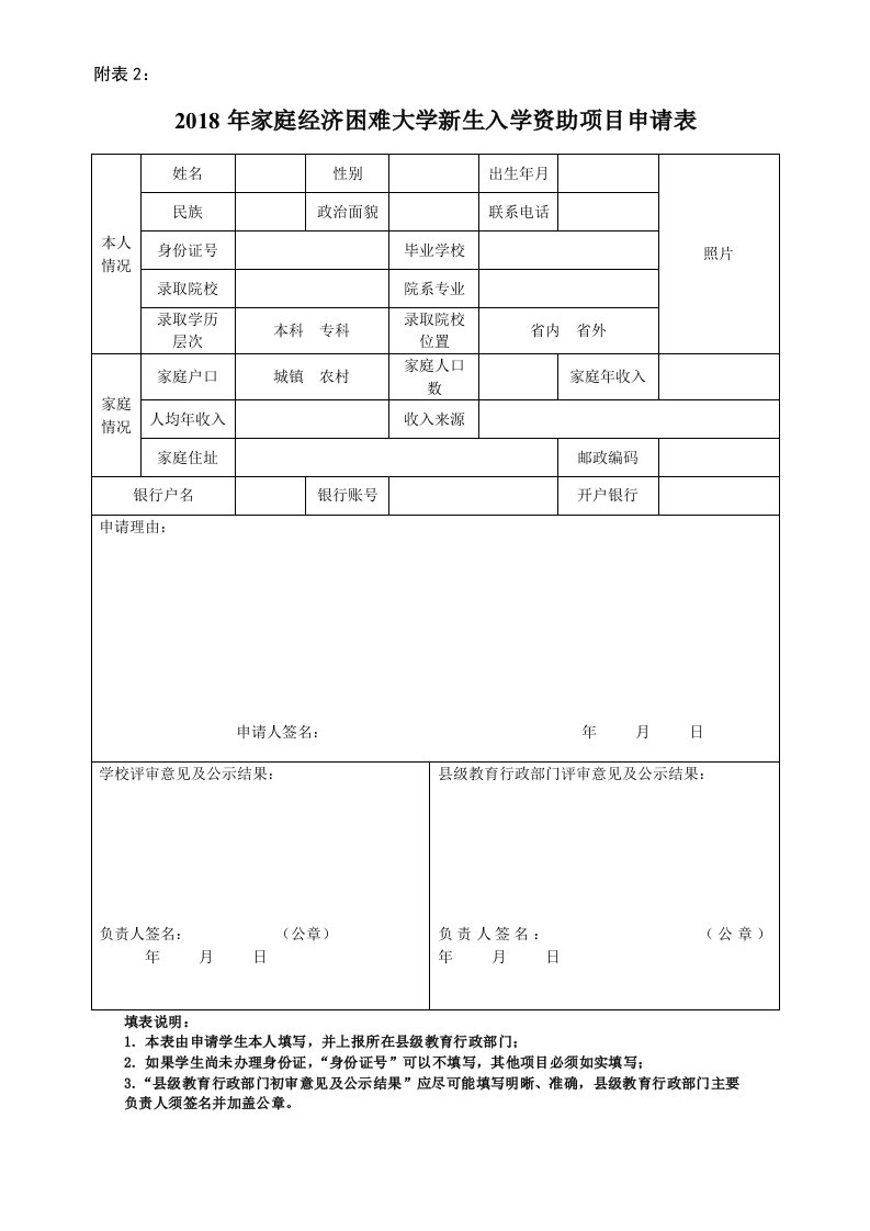 大学新生入学资助项目申请表(最新)