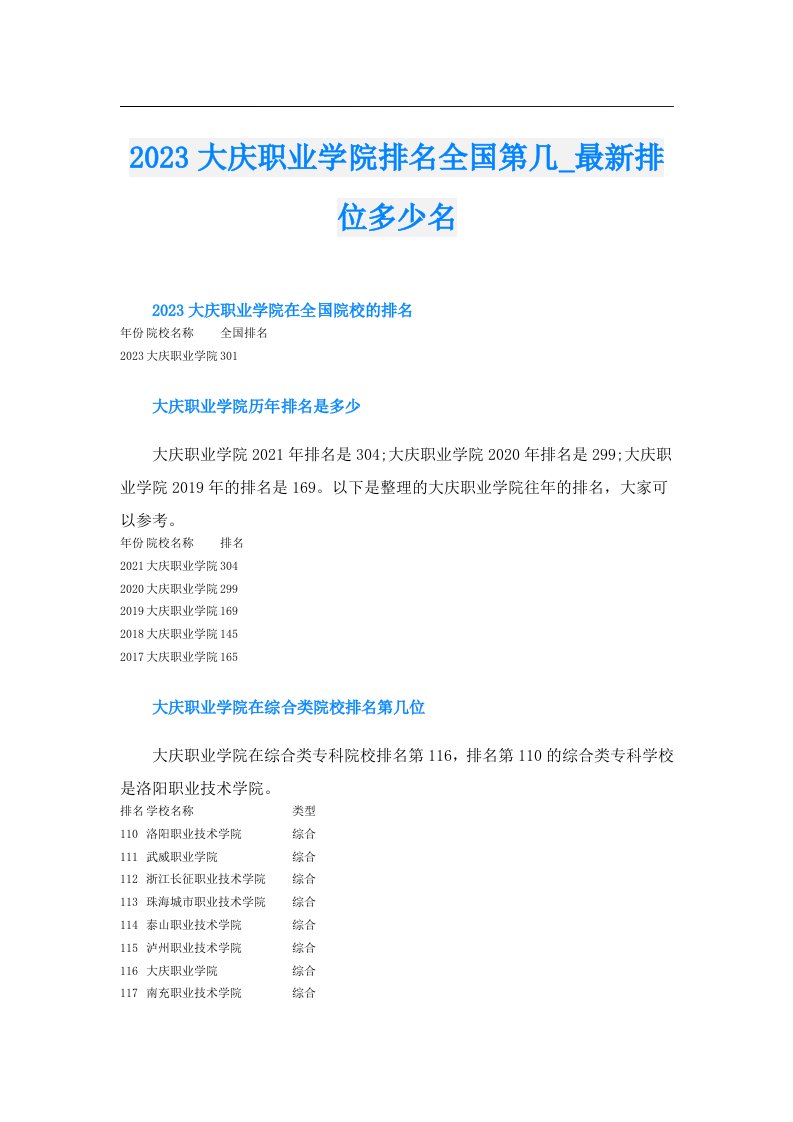 大庆职业学院排名全国第几_最新排位多少名