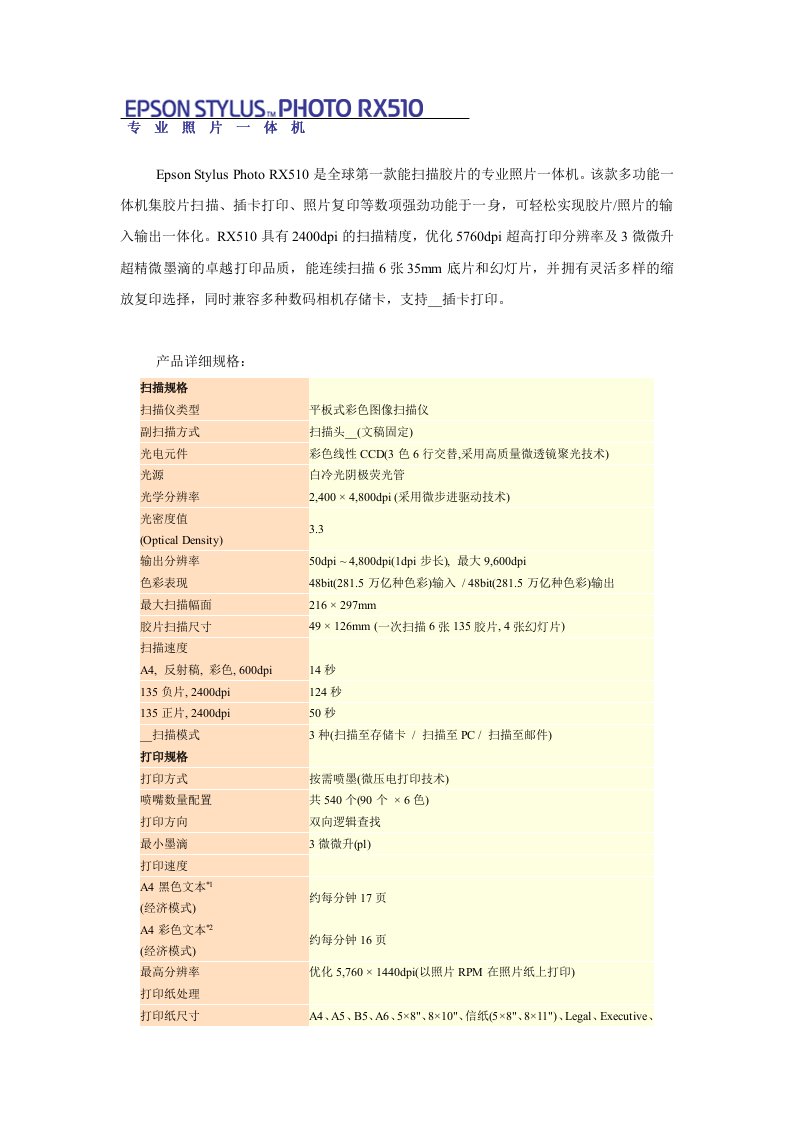 RX510是全球第一款能扫描胶片的专业照片一体机该款多功