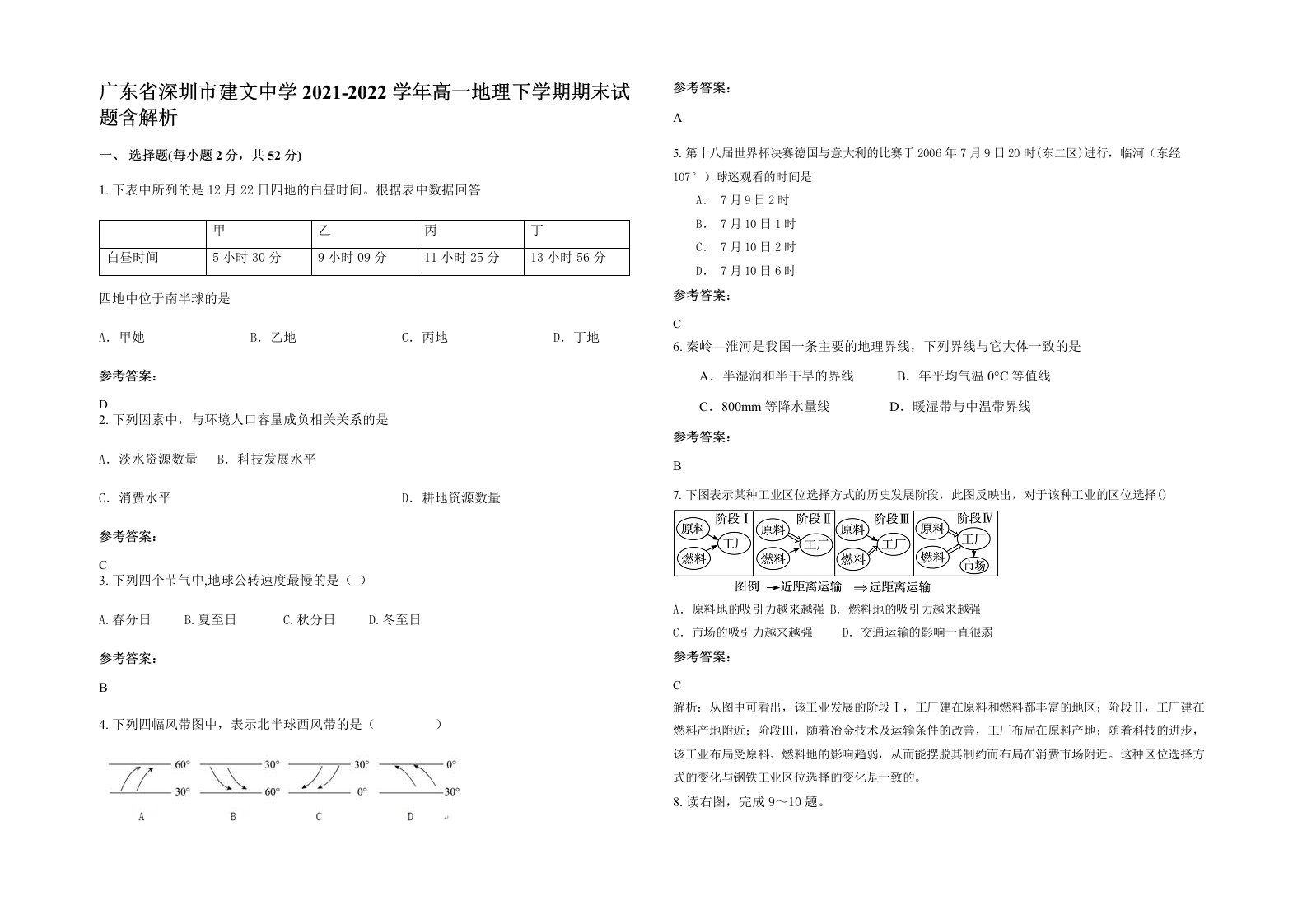 广东省深圳市建文中学2021-2022学年高一地理下学期期末试题含解析