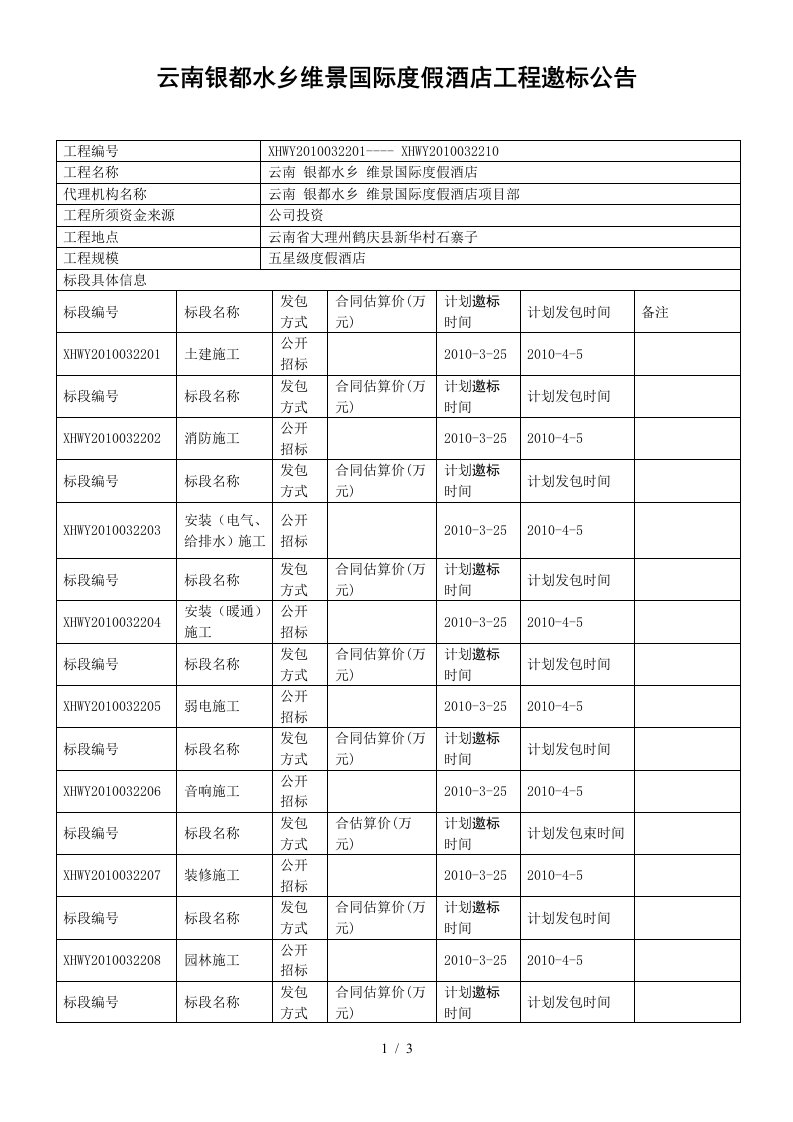 云南银都水乡维景国际度假酒店工程邀标公告