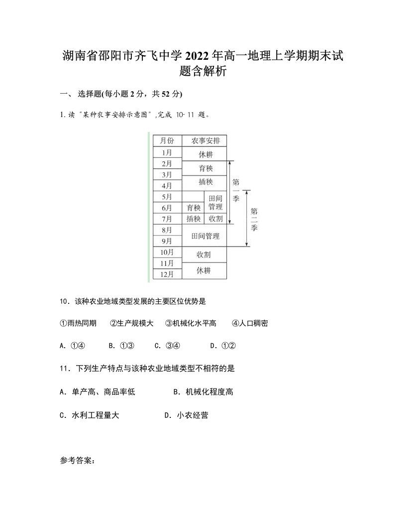 湖南省邵阳市齐飞中学2022年高一地理上学期期末试题含解析