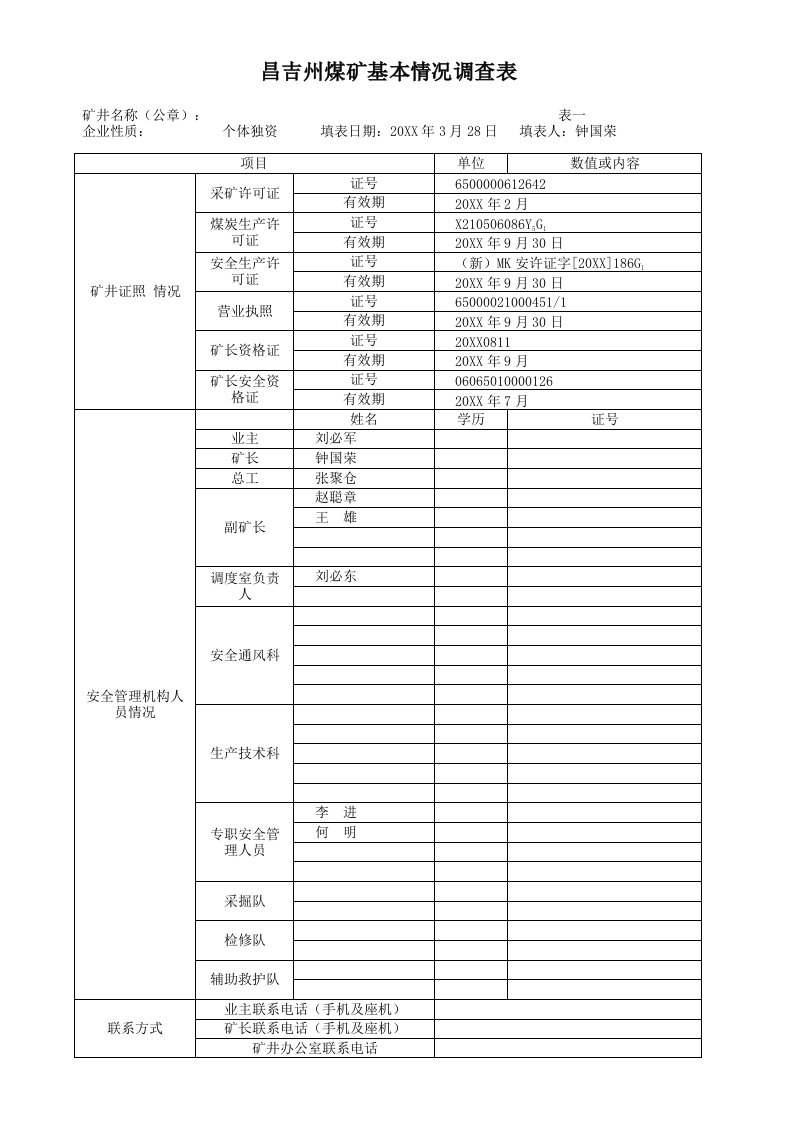 冶金行业-鑫龙煤矿基本情况调查表