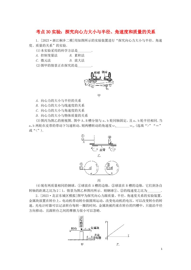 2024版新教材高考物理复习特训卷考点30实验：探究向心力大小与半径角速度和质量的关系