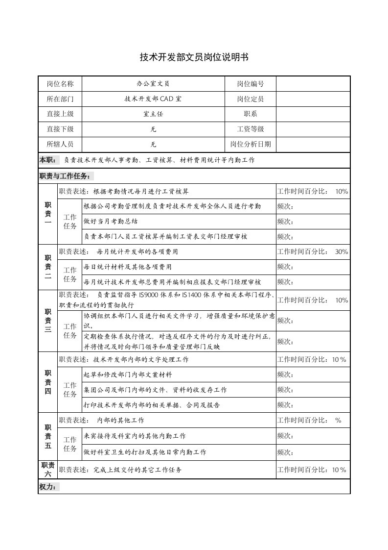 技术开发部文员岗位说明书