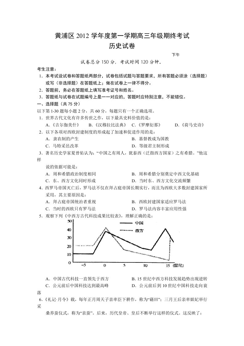 黄浦区2012学年度第学一期高三年级期终考试历史试卷