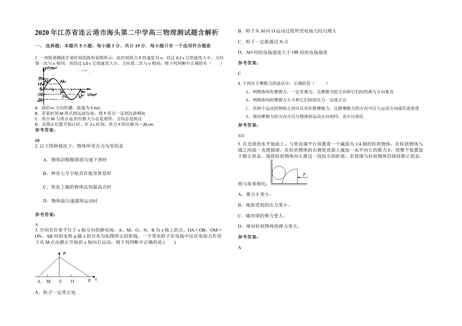 2020年江苏省连云港市海头第二中学高三物理测试题含解析