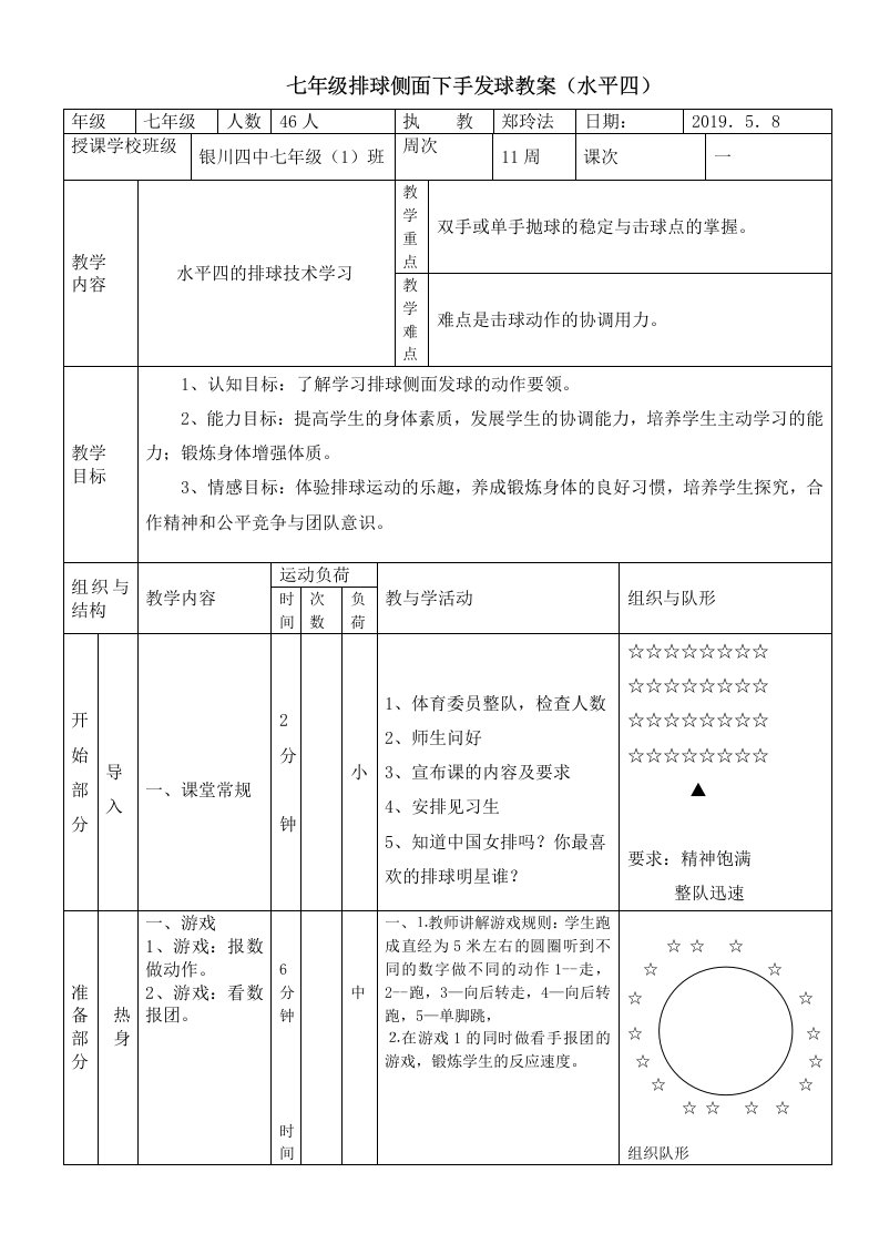 七年级排球侧面下手发球教案（水平四）