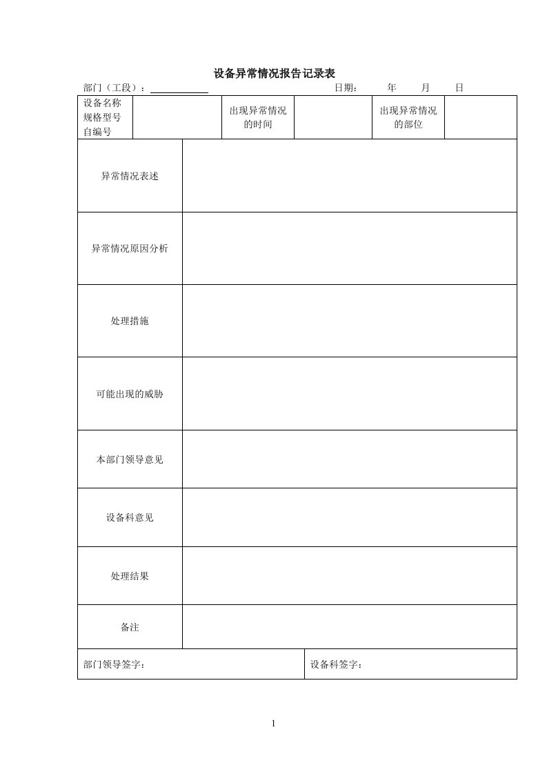 设备异常情况报告记录表（Word模板、DOC格式）