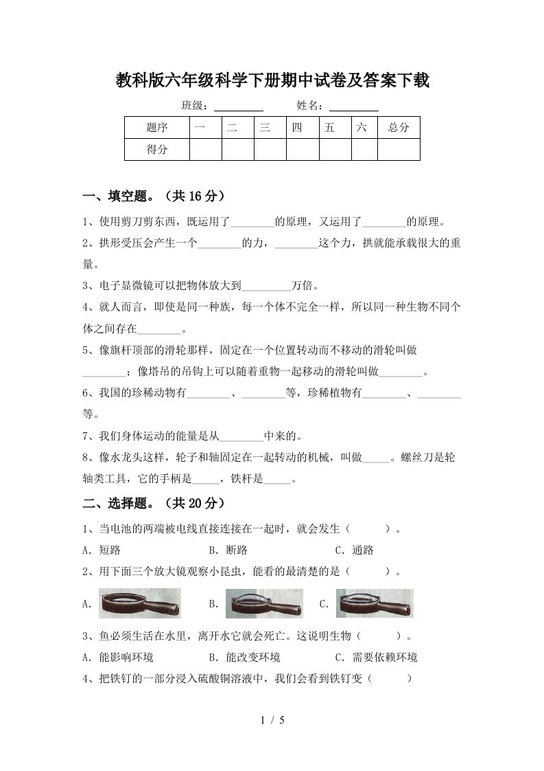 教科版六年级科学下册期中试卷及答案下载