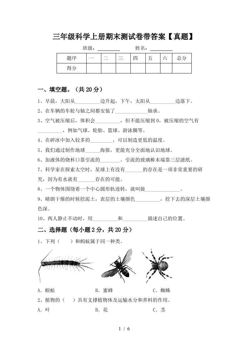 三年级科学上册期末测试卷带答案【真题】