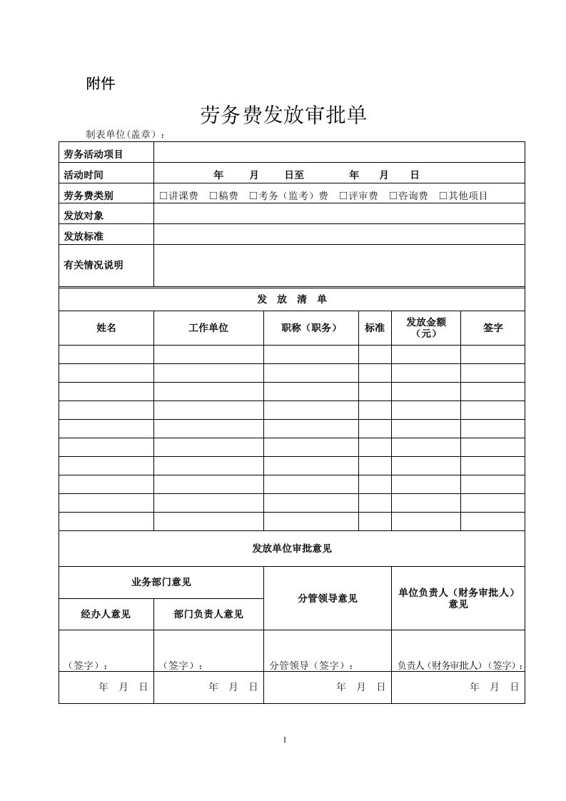 劳务费发放审批单