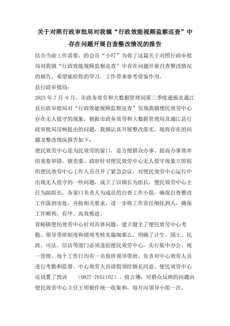 关于对照行政审批局对我镇“行政效能视频监察巡查”中存在问题开展自查整改情况的报告