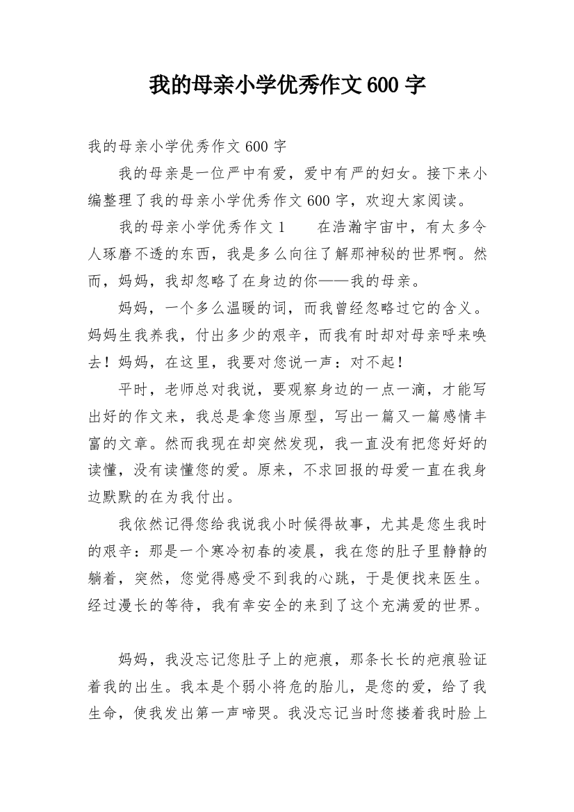 我的母亲小学优秀作文600字