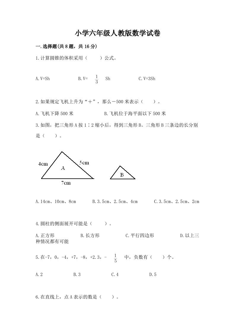 小学六年级人教版数学试卷带答案（综合题）