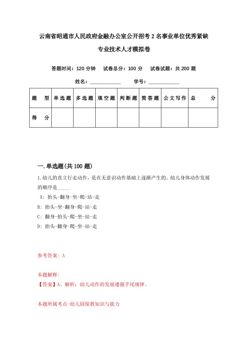 云南省昭通市人民政府金融办公室公开招考2名事业单位优秀紧缺专业技术人才模拟卷第17期